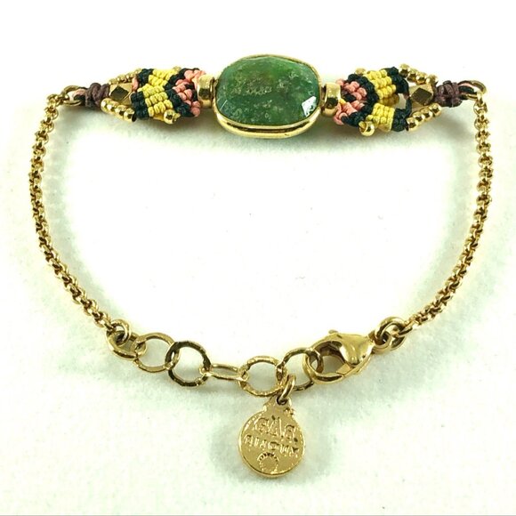 Gas Bijoux chain bracelet gold tone macrame with bezel set faceted green stone - Picture 10 of 11